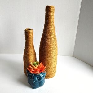 2 Boho Decor Natural Jute Cord Wrapped Bottles
